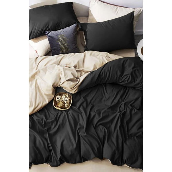 Lenjerie de pat neagră-crem din bumbac pentru pat dublu-extins și cearceaf 200x220 cm – Mila Home-image-3