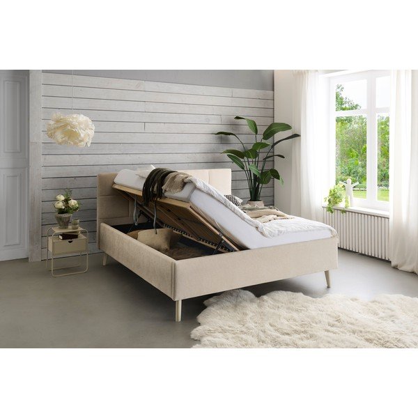 Pat matrimonial bej tapițat cu spațiu de depozitare cu somieră 180x200 cm Nova – Meise Möbel-image-2
