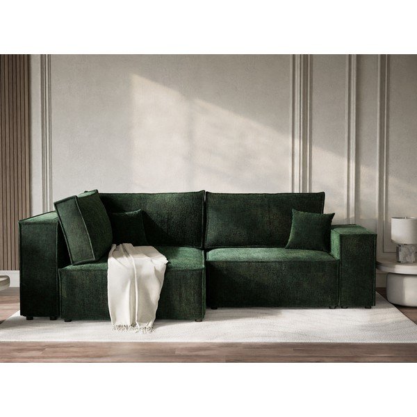 Colțar verde închis extensibil/cu spațiu de depozitare cu tapițerie din chenille (cu colț pe partea stângă/în formă de ”L”) Tonga – Maison de Rêve-image-1