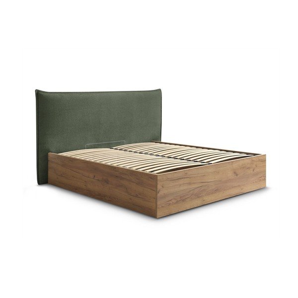 Pat matrimonial verde tapițat/din  placă aglomerată de lemn tapițat cu spațiu de depozitare cu somieră 180x200 cm Charlie – Bobochic Paris