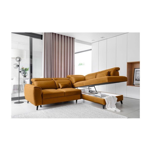 Colțar galben extensibil/cu spațiu de depozitare cu tapițerie din catifea (cu colț pe partea dreaptă/în formă de ”L”) Noble – ELTAP-image-3