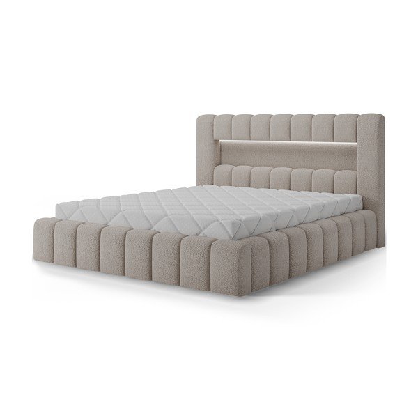 Pat matrimonial bej tapițat cu spațiu de depozitare cu somieră 140x200 cm Lamica – ELTAP