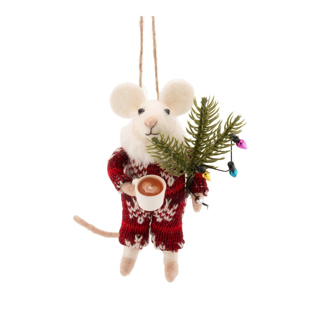 Ornament de Craciun din material textil 9 cm Mouse with Coffee – Sass & Belle