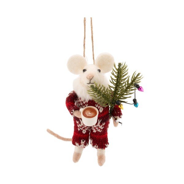 Ornament de Crăciun din material textil 9 cm Mouse with Coffee – Sass & Belle