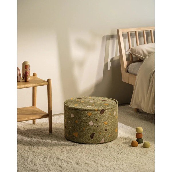 Puf de copii verde cu tapițerie din țesătură bouclé/cu tapițerie din chenille Terrazzo – Wigiwama-image-1