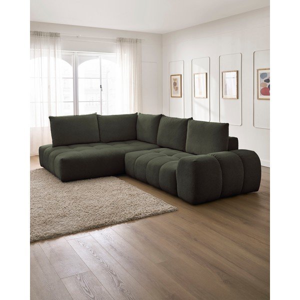 Colțar verde extensibil/cu spațiu de depozitare cu tapițerie din chenille (cu colț pe partea stângă/în formă de ”L”) Everest – Bobochic Paris-image-1