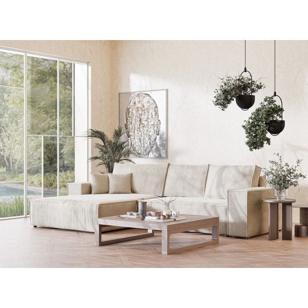 Colțar crem extensibil/cu spațiu de depozitare cu tapițerie din chenille (cu colț pe partea stângă/cu șezlong) Maze – Maison de Rêve-image-1