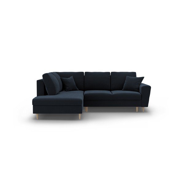 Colțar albastru închis extensibil, cu spațiu de depozitare cu tapițerie din catifea (cu colț pe partea stângă-în formă de ”L”) Kyoto – Cosmopolitan Design