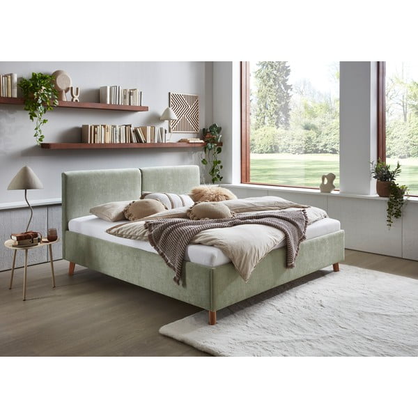 Pat matrimonial verde deschis tapițat cu somieră 160x200 cm Piano – Meise Möbel-image-1