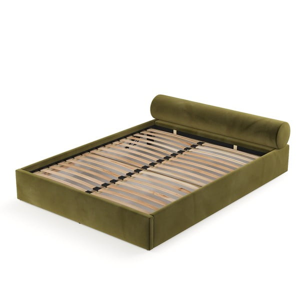 Pat matrimonial verde închis tapițat cu spațiu de depozitare cu somieră 140x200 cm Solvo – Maison de Rêve-image-2