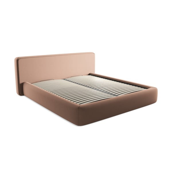 Pat matrimonial roz deschis tapițat cu spațiu de depozitare cu somieră 180x200 cm Kiana – Makamii