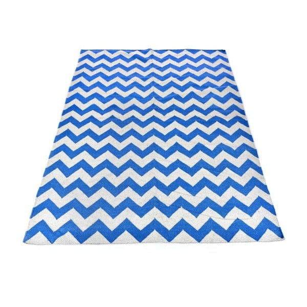 Covor de lână Geometry Zic Zac Sea Blue & White, 160x230 cm