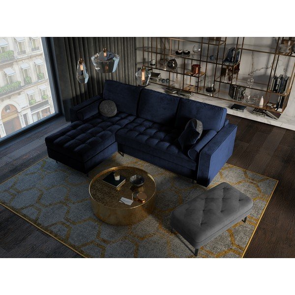 Colțar extensibil din catifea cu șezlong stânga Milo Casa Santo, albastru-image-1