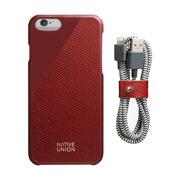 Set husă din piele și cablu încărcare pentru iPhone 6 și 6S Plus Native Union Clic Leather Belt, roșu închis