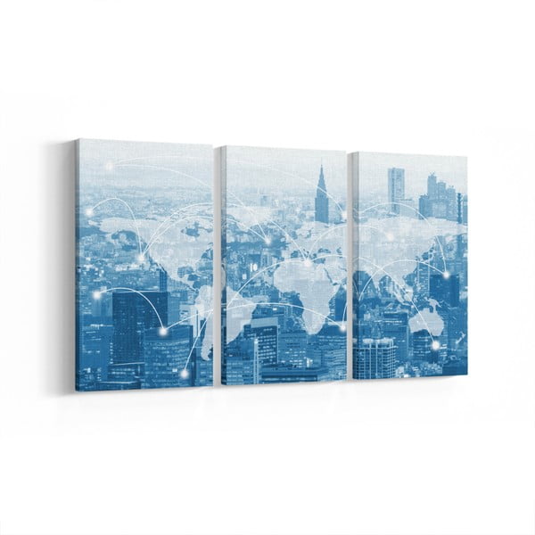 Set 3 tablouri World, 30 x 60 cm, albastru