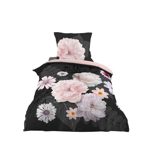 Lenjerie de pat neagră/roz din bumbac pentru pat de o persoană 140x200 cm Floral – douceur d'intérieur