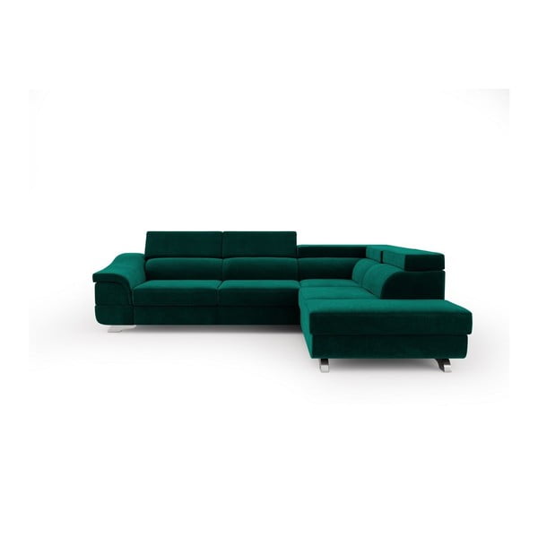 Colțar extensibil cu tapițerie de catifea și șezlong pe partea dreaptă Windsor & Co Sofas Apollon, verde smarald