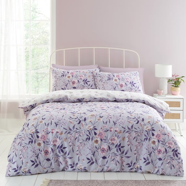 Lenjerie de pat albă/mov pentru pat dublu 200x200 cm Isadora Floral – Catherine Lansfield