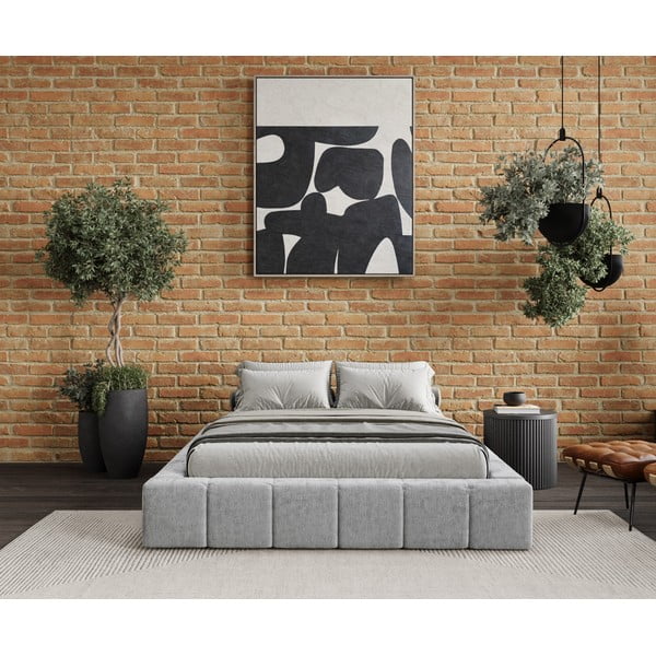 Pat matrimonial gri deschis tapițat cu spațiu de depozitare cu somieră 160x200 cm Aruba L – Maison de Rêve-image-1