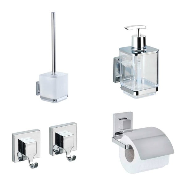 Set de accesorii de baie argintiu lucios autoadeziv din plastic Quadro – Wenko