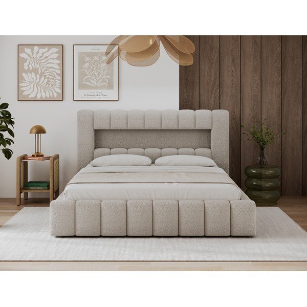 Pat matrimonial bej tapițat cu spațiu de depozitare cu somieră 140x200 cm Lamica – ELTAP-image-3