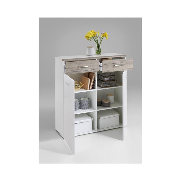 Comodă Beijing, alb lucios, cu aspect de lemn de stejar-image-1