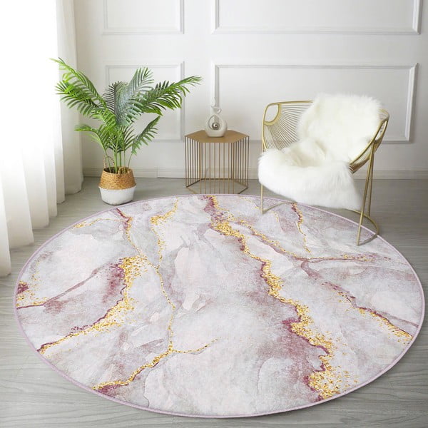 Covor roz deschis/auriu lavabil rotund ø 100 cm Marble – Mila Home-image-1
