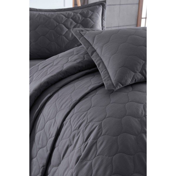 Cuvertură de pat cu 2 fețe de pernă din bumbac ranforce EnLora Home Fresh, 225 x 240 cm, gri închis-image-1