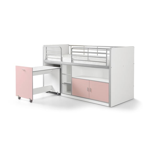 Pat supraetajat cu spațiu pentru depozitare și birou Vipack Bonny, 200 x 90 cm, alb - roz