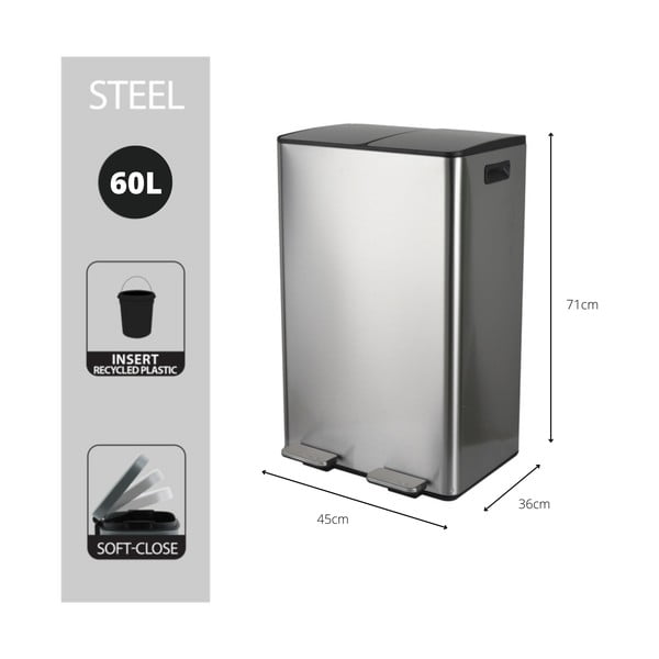Coș de gunoi argintiu mat pentru reciclare/cu pedală 2x30 l din oțel   Aliya – Spirella-image-4
