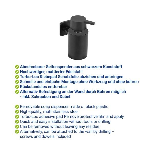 Dozator de săpun lichid negru mat autoadeziv cu Turbo-Loc din oțel inoxidabil Porto – Wenko-image-2