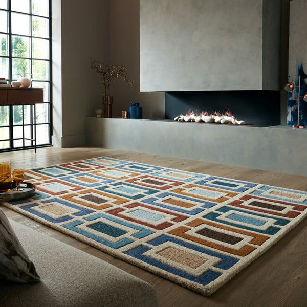 Covor albastru/portocaliu țesut manual din lână 200x290 cm Retro Blocks – Flair Rugs-image-1