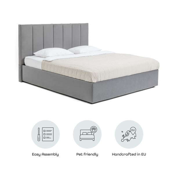 Pat matrimonial gri tapițat cu spațiu de depozitare cu somieră 160x200 cm Thessa Bold Line – Bonami Selection-image-4