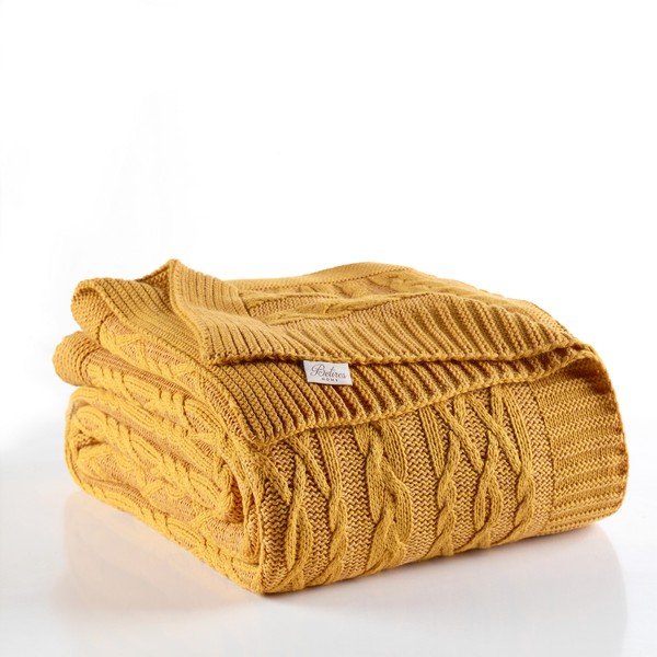 Cuvertură din amestec de bumbac Homemania Decor Knit, 220 x 240 cm, galben muștar-image-1