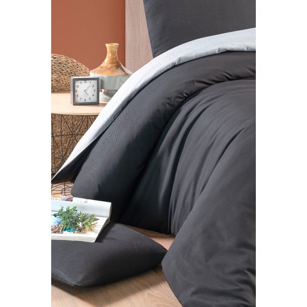 Lenjerie de pat neagră-gri din bumbac pentru pat dublu-extins și cearceaf 200x220 cm – Mila Home-image-2