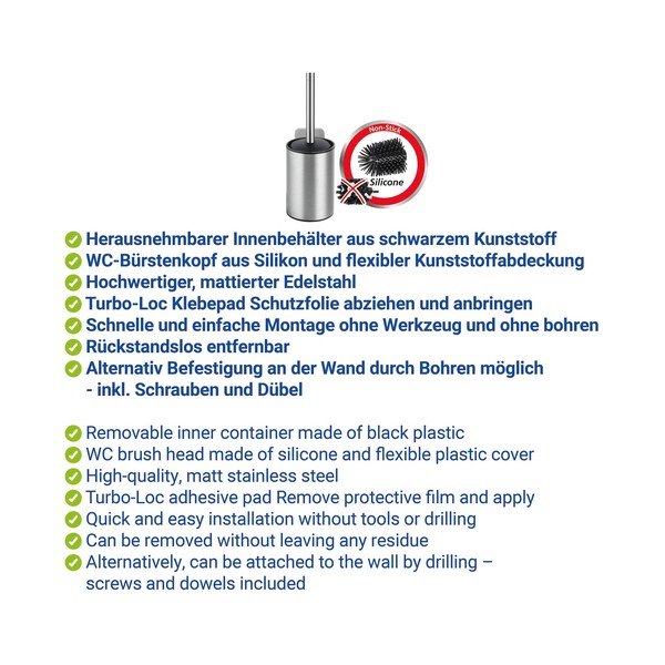 Perie de WC argintiu-mat autoadezivă cu Turbo-Loc din oțel inoxidabil Porto – Wenko-image-2