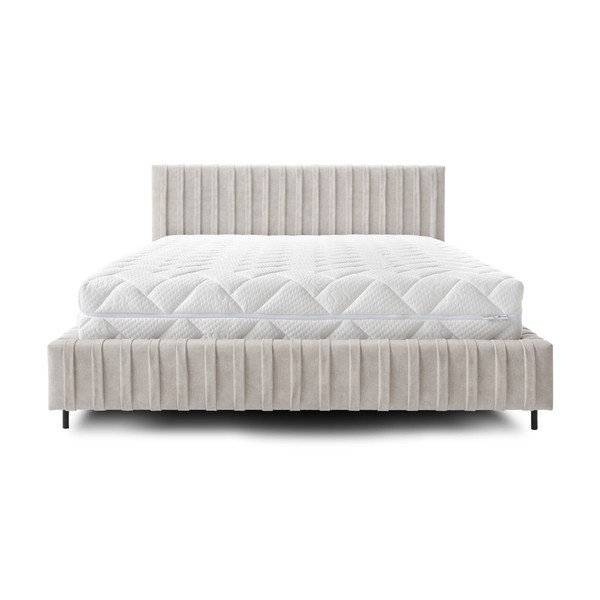 Pat matrimonial bej tapițat cu spațiu de depozitare cu somieră 140x200 cm Plissa – ELTAP-image-3