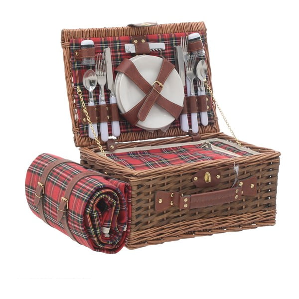 Coș picnic cu veselă InArt, 40 x 28 cm, roșu - alb
