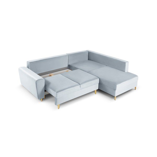 Colțar albastru deschis extensibil, cu spațiu de depozitare cu tapițerie din catifea (cu colț pe partea dreaptă, în formă de ”L”) Kyoto – Cosmopolitan Design-image-3