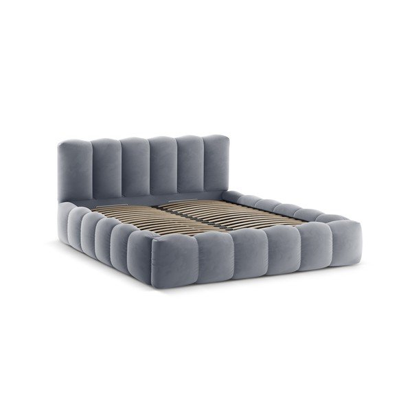 Pat matrimonial gri tapițat cu spațiu de depozitare cu somieră 200x200 cm Lupine – Micadoni -image-3