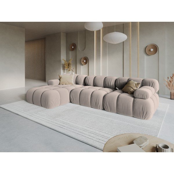 Colțar modular bej cu tapițerie din catifea (cu colț pe partea stângă/cu șezlong) – Micadoni -image-1