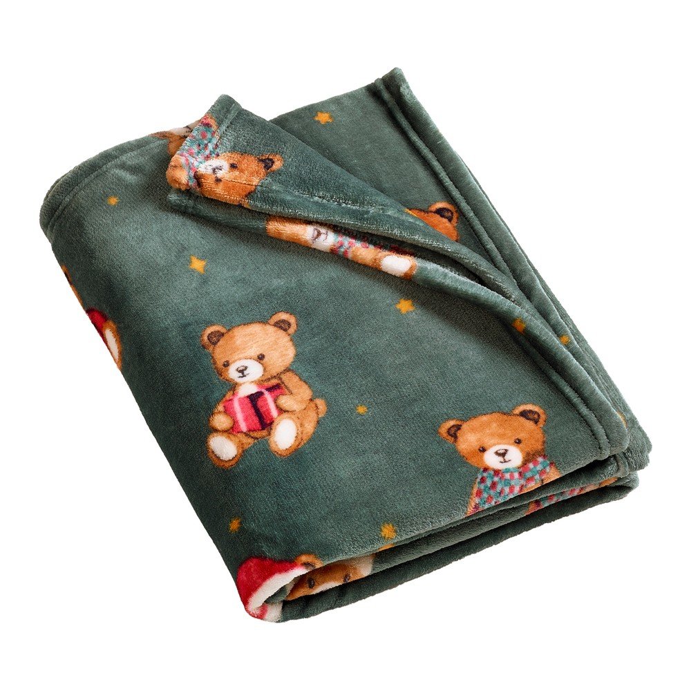 Patura verde-inchis 170x130 cm cu model de Craciun Christmas Tartan Teddy Bear – Catherine Lansfield