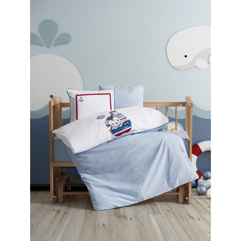 Lenjerie de pat pentru copii albă-albastră din bumbac pentru pătuț cu cearceaf inclus, cu 4 piese 100x150 cm Miniyo – Mijolnir