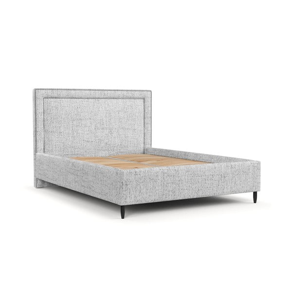 Pat matrimonial gri deschis tapițat cu spațiu de depozitare cu somieră 180x200 cm Baleine – Maison de Rêve