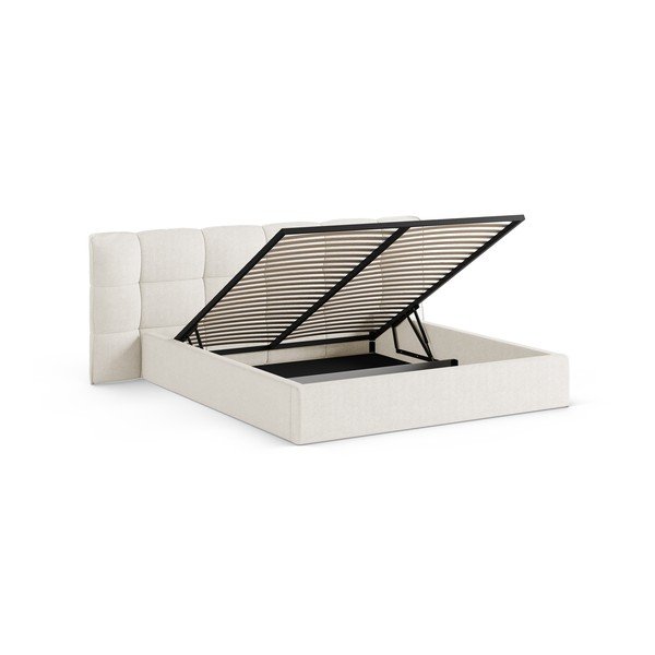 Pat matrimonial fildeș tapițat cu spațiu de depozitare cu somieră 140x200 cm Eric – Micadoni -image-2