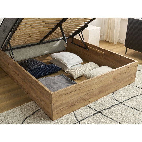 Pat matrimonial crem tapițat/din  placă aglomerată de lemn tapițat cu spațiu de depozitare cu somieră 180x200 cm Charlie – Bobochic Paris-image-1