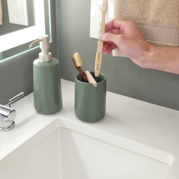 Recipient din ceramică pentru periuța de dinți iDesign Eco Vanity, verde-image-1