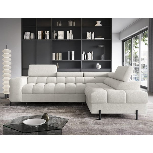 Colțar crem extensibil/cu spațiu de depozitare cu tapițerie din țesătură bouclé (cu colț pe partea dreaptă/în formă de ”L”) Ferucce – ELTAP-image-1