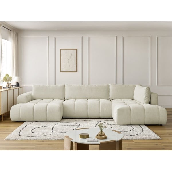 Colțar bej extensibil/cu spațiu de depozitare (cu colț pe partea dreaptă/în formă de "U") Fuji – Bobochic Paris-image-1