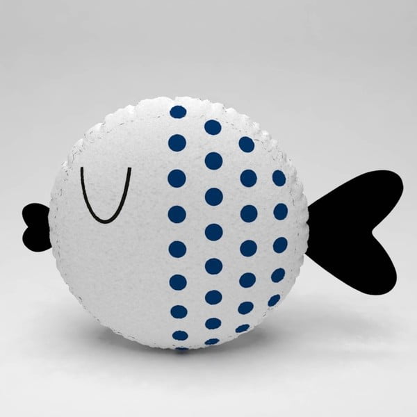 Pernă în formă de pește Fish Dots, ⌀ 32 cm, alb-albastru închis